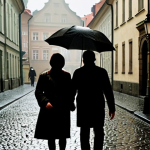 ** A stark, slightly blurred photograph of a cobblestone street in Prague, rain-slicked and reflecting dim streetlights. In the foreground, a couple walks hand-in-hand, their faces obscured. The overall tone should be melancholic and suggestive of historical weight and political oppression subtly impacting personal relationships. The style should evoke a Central European film from the 1980s.

**