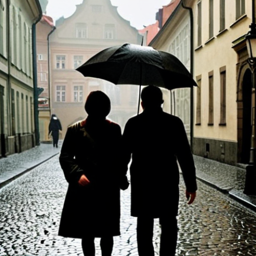 ** A stark, slightly blurred photograph of a cobblestone street in Prague, rain-slicked and reflecting dim streetlights. In the foreground, a couple walks hand-in-hand, their faces obscured. The overall tone should be melancholic and suggestive of historical weight and political oppression subtly impacting personal relationships. The style should evoke a Central European film from the 1980s.

**