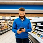 A confident adult male traveler, dressed in modest and professional attire, standing at a modern payment terminal inside a bright, well-organized Czech supermarket. He is holding a sleek multi-currency card (like Revolut or Wise) ready to tap, with a smartphone in his other hand displaying a financial app showing real-time transaction details and favorable exchange rates. The background features neatly arranged product shelves and soft, natural light, conveying ease and transparency. Perfect anatomy, correct proportions, natural pose, well-formed hands, proper finger count, natural body proportions, fully clothed, appropriate attire, professional dress, safe for work, appropriate content, family-friendly, professional photography, high quality.
