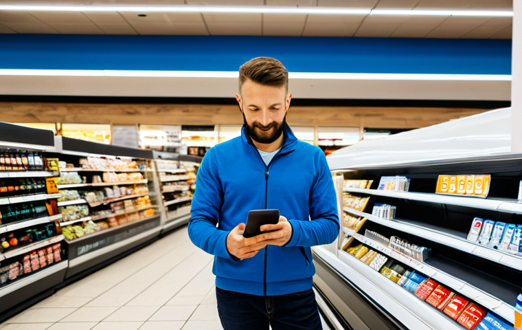 A confident adult male traveler, dressed in modest and professional attire, standing at a modern payment terminal inside a bright, well-organized Czech supermarket. He is holding a sleek multi-currency card (like Revolut or Wise) ready to tap, with a smartphone in his other hand displaying a financial app showing real-time transaction details and favorable exchange rates. The background features neatly arranged product shelves and soft, natural light, conveying ease and transparency. Perfect anatomy, correct proportions, natural pose, well-formed hands, proper finger count, natural body proportions, fully clothed, appropriate attire, professional dress, safe for work, appropriate content, family-friendly, professional photography, high quality.
